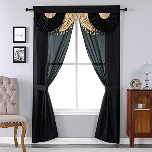 Regal Home Collections Amore 5-Piece Window Curtain Set - 54-Inch W x 84-Inch L Panels with Attached Valance and 2 Tiebacks - Bedroom and Living Room Gothic Curtains (Black/Gold)