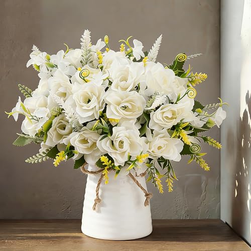 LESING Artificial Flowers with Vase for Table Centerpieces,Fake Silk Gardenia Flower in Vase Decoration for Home Office Party (White)