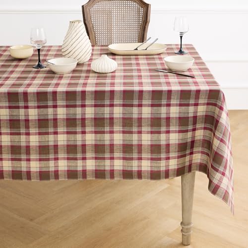 Solino Home Plaid Linen Tablecloth 60 x 90 Inch - 100% Pure Linen Rustic Multicolor Plaid Table Cloth for Rectangle Tables - Machine Washable Tablecloth for Fall, Halloween