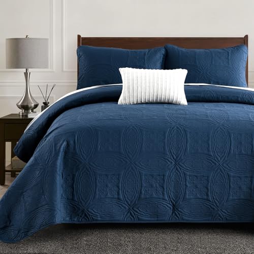 "Yiran Navy Blue Quilt Set Queen Size Lightweight Bedspread Embossed Pattern Soft Microfiber Coverlet for All Season with 2 Pillow Shams (96""x90"")"