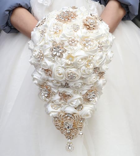 "Mhojpik Luxury Cascade Bridal Wedding Bouquet Satin Rose Waterfall Holding Bouquet Artificial Flower Bunch for Bride Bridesmaid(Ivory, 17.3"" x 8.7"")"