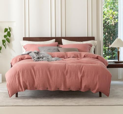 EVERLY 100% Pure Linen Duvet Cover Set Queen Size90X90Inch 3pcs (1 Duvet Cover,2 Pillowcases) Soft and Breathable for All Season with Coconut Button Closure, Suitable for Hot Sleepers-Pink-Queen
