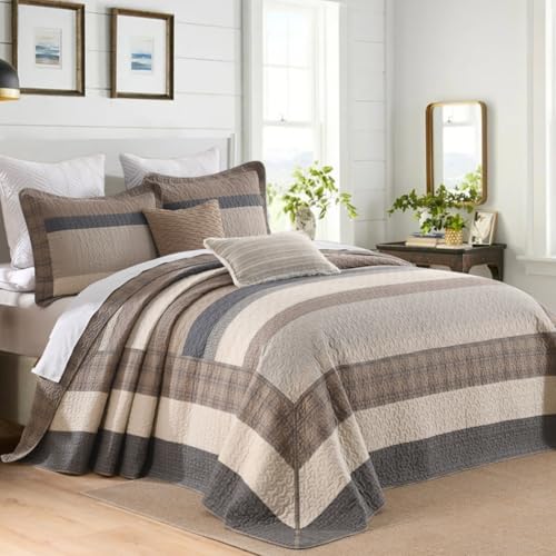 "DDUOXIN Oversize King Bedspread 120"" W x120 L - 100% Cotton Lightweight Oversized Quilt with 2 Pillow Shams, Farmhouse Reversible Extra Wide Bedspreads Coverlet Set, Brown/Beige/Wood/Charcoal"