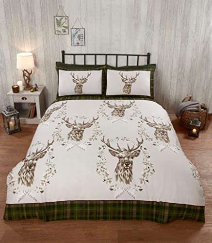 Rapport Home 100% Brushed Cotton Flannelette ANGUS STAG Winter Duvet Quilt Cover Bedding Set (Single, Green)
