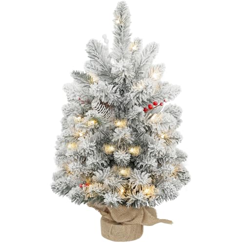 HOMCOM 60 cm Prelit Small Christmas Tree 35 LED Lights Snow Flocked Green - Tabletop Mini Xmas Tree, 72 Dense Branches, Pine Cones, Berry Clusters, Linen Cover Base, Battery Operated