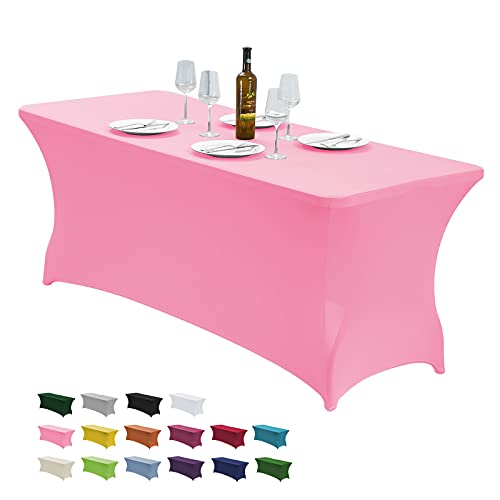 "CWK 8FT Stretch Spandex Fitted Tablecloth,Rectangular Table Cover,Pink - Fits 96x30"" rectangular folding tables.Wrinkle & stain resistant stretch fabric.Ideal for parties,weddings & vendor events"