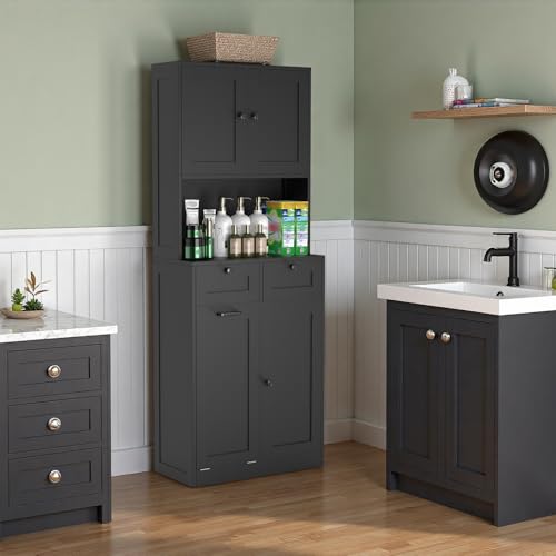 Feonase Double-Tier Wooden Bathroom Cabinet with Dual Side Doors (4 Shelves), Central Open Shelf, 2 Drawers & Removable Laundry Hamper – Spacious Vertical Storage Solution, Black