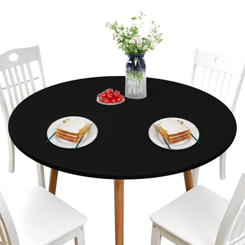 NEWISHER Round Fitted Table Cover Spandex Stretch Tablecloth Black Table Top Cover with Elastic Edged for Dining Picnic Patio 60 inch