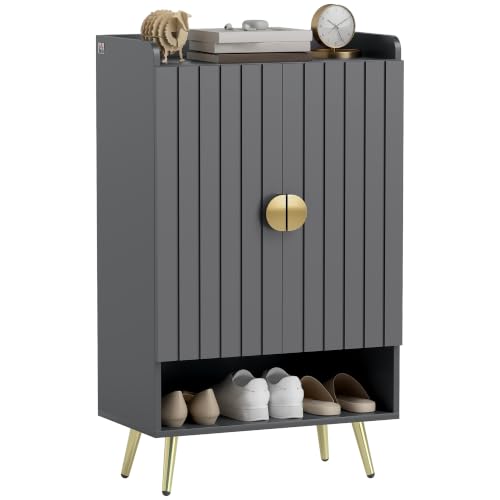 HOMCOM Modern Shoe Cabinet, 2 Doors, Open Shelf, Adjustable Shelves, Grey