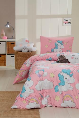 Nuit Des Rêves Single Quilt Cover Set (135 x 200 cm), 70% Cotton/30% Polyester, Pink/White/Blue, Machine Washable, 120 Thread Count, Button & Envelope Closure, Cosy & Stylish Bedding