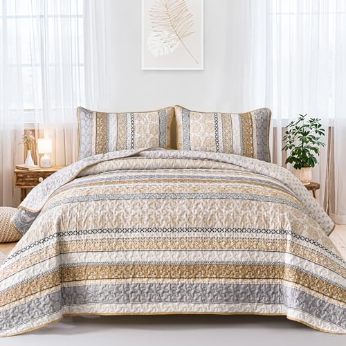 "WONGS BEDDING Boho Quilt Set King Size, Brown Bohemian 3 Pieces Fall Quilt Sets, Lightweight Bedspread Coverlet Bedding Set for All Season (104""x90"")"