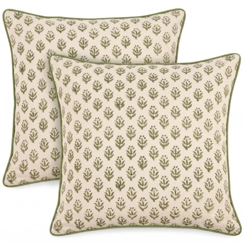 CPC Throw Piping Pillow Covers for Couch, 20x20 Inch Pillows for Living Room, 100% Cotton Boho Cute Outdoor Pillows, Flower Cusion Covers Gift for Christmas, Thanksgiving - Earty Boho Vine