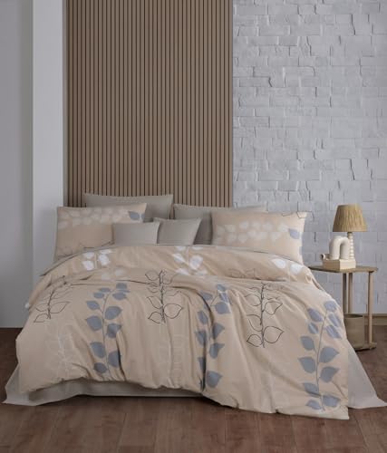 Nuit Des Rêves Double Quilt Cover Set (200 x 200 cm), 50% Cotton/50% Polyester, Beige/Grey/White, Includes 2 Pillowcases (80 x 80 cm), Machine Washable at 40°C