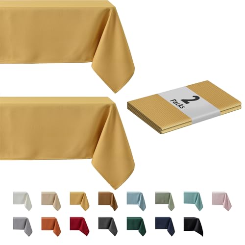 maxmill 2 Pack Rectangle 52 x 70 Inch Ochre Yellow Textured Tablecloth Waterproof Spillproof Wrinkle Free Table Cloth for Kitchen Dining Decoration, Fabric Table Cover for Outdoor and Indoor Use