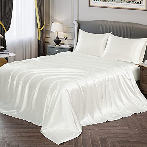 Vonty Satin Sheets Twin Ivory White Satin Sheet Set - 1 Deep Pocket Fitted Sheet + 1 Flat Sheet + 1 Pillowcase