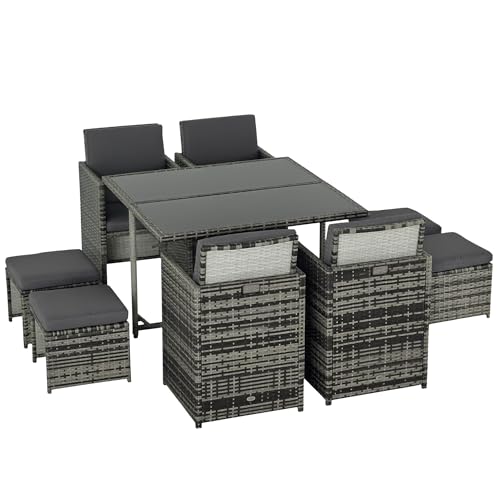 Outsunny 8 Seater Rattan Cube Garden Furniture Set, Space Saving Outdoor Dining Set with Cushions, Garden Table and Chairs with 4 Armchairs, 4 Footstools, Square Glass Top Table, Grey