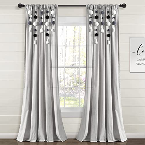 "Lush Decor Boho Pom Pom Tassel Linen Window Curtain Panel (Single Panel), 84"" L x 52"" W, Gray & Orane"