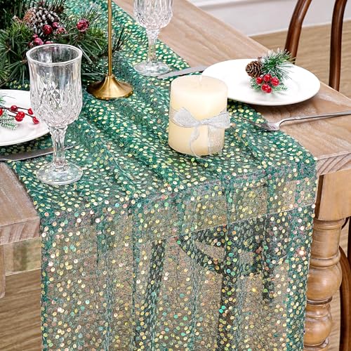 "Sequin Table Runner 25""x120"" Iridescent Table Runner Sparkly Dark Green Fabric for Black Wedding Christmas Holiday Home Party Decorations"