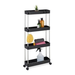 Relaxdays Niche Trolley, 4 Shelves, Narrow Kitchen & Bathroom Cart, HxWxD: 88 x 41.5 x 23.5 cm, Rolling Shelf, Black, 88 x 41.5 x 14.5 cm