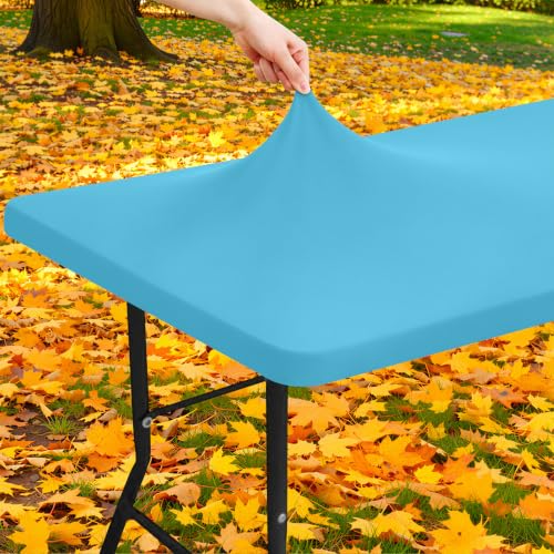 "Moosfor Spandex Picnic Table Cloth, Elastic Fitted Tablecloths for 8 Foot Rectangle Tables, Stretch Washable Patio Table Cover for Outdoor, Camping, Banquet and Parties (Blue Mist, 30""x96"")"