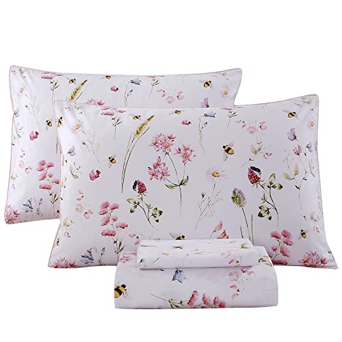 RYNGHIPY Shabby Floral Bees Print Bedding Sheets with Pillowcases, Breathable Egyptian Cotton Bed Sheet Set (Bee,Full Size)