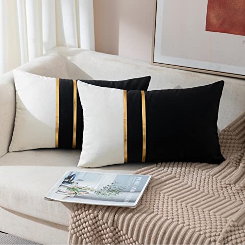 ZLINA Set of 2 Velvet Decorative Lumbar Pillow Covers Black White Patchwork with Gold Leather Pillow Covers 12 ?? 20 Inch Cushion Covers Decor Living Room Sofa Bedroom Car
