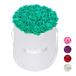 Relaxdays Round Flowerbox with 34 Faux Roses, White Box, Last 10 Years, Present, Decorative Bouquet, Turquoise, 33 x 32 x 32 cm