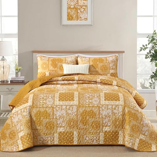 "Cottolester Boho Quilt Set King Size,3 Pieces Yellow Patchwork Paisley Quilt Set,Soft Microfiber Farmhouse Bedspread Bedding Set for All Season 104""x90"""