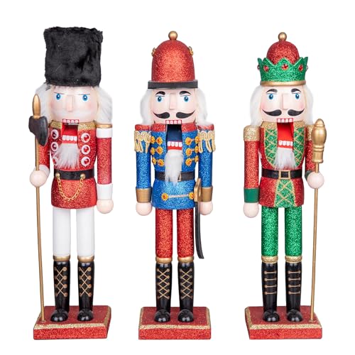 38cm Assorted Wooden Christmas Nutcrackers - 3pcs Set - Soldiers King Puppet Figurines Xmas Home Decoration Ornament