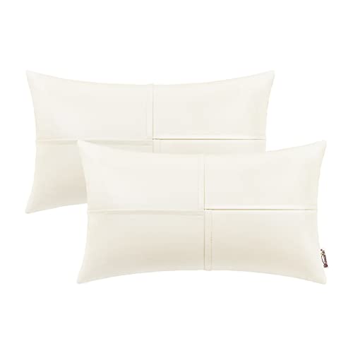 BRAWARM Faux Leather Throw Pillow Covers 12 X 20 Inches, Cream Leather Lumbar Pillow Covers Pack of 2, Hand Stitched Leather Decorative Throw Pillows for Couch Sofa Bed Living Room Home Garden