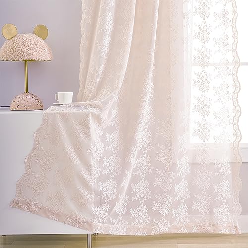 YJ YANJUN Blush Pink Lace Curtains for Living Room -Romantic Shabby Chic Lace Floral and Branch Sheer Curtains 84 Inches Long for Dining Room Set of 2 Rod Pocket, 52 x 84 Inch Blush Pink