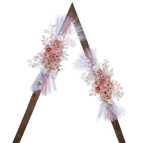 Lisuun Artificial Wedding Arch Flowers, 2 Large Floral Swags - Pampas and Reed Accents for Boho Wedding Arches, Ceremony Backdrops, Receptions and Arbor Decor