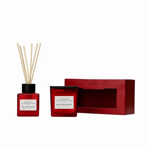 French Connection Square Range Scented Candle & Reed Diffuser Gift Set - 220g Shea Butter Wax Candle & 100ml Diffuser - Glass Jar Design - 37-Hour Burn Time - Gift Box (Ruby Cherry & Merlot)