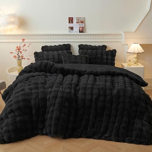 LIFEREVO 3 PCS Fluffy Faux Rabbit Fur Duvet Cover Set King Size, Black - 1 Plush Bubble Comforter Cover & 2 Furry Pillowcases, 8 Corner Ties & Hidden Zipper, Decorative Soft Washable Bedding Set