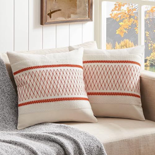 ZeeMart 2 Packs Cotton Boho Throw Pillow Covers 16x16 Inch Grid Orange, Soft Farmhouse Decorative Fall Couch Pillow Cases Burnt Orange Cushion Covers for Sofa Bed Living Room Home Decor