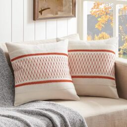 ZeeMart 2 Packs Cotton Boho Throw Pillow Covers 16x16 Inch Grid Orange, Soft Farmhouse Decorative Fall Couch Pillow Cases Burnt Orange Cushion Covers for Sofa Bed Living Room Home Decor