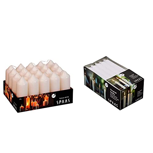 Spaas Tray of 20 Unscented Pillar Candles 40/110 mm, 13 Hours, Ivory & 20 Household Tapered Dinner Candles 19/180 mm, ± 6 Hours, Unscented, White