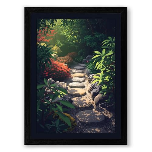 Garden Path into Shadow Boho Framed Wall Art Print A2 (59.4×42cm) Black, Wall Decor for Living Room, Bedroom, Office & Home, Ready to Hang, Art Gift