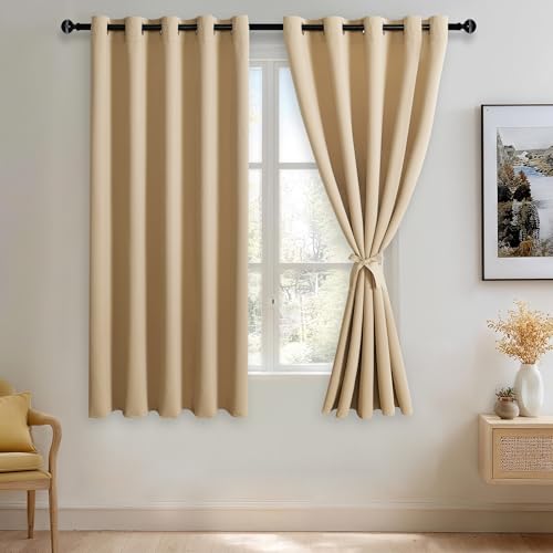JIUZHEN Beige Blackout Curtains with Tiebacks - Thermal Insulated, Light Blocking and Noise Reducing Grommet Curtains for Bedroom and Living Room, Set of 2 Window Curtain Panels, 60 x 63 Inch Length