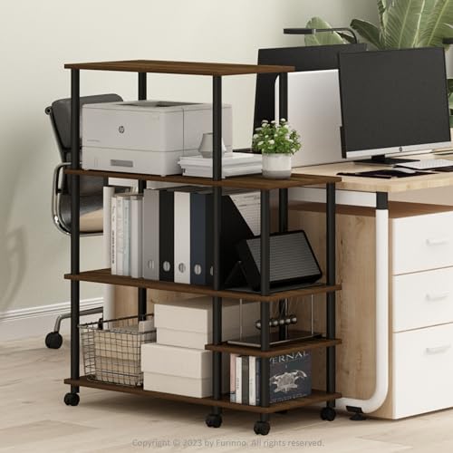 Furinno TURN-N-TUBE Printer Stand, Wide 4-Tier Printer Table with with Storage Shelf and Casters, Open Frame Standing Shelf, for CPU, Office Supplies, Home Office, Columbia Walnut
