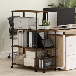 Furinno TURN-N-TUBE Printer Stand, Wide 4-Tier Printer Table with with Storage Shelf and Casters, Open Frame Standing Shelf, for CPU, Office Supplies, Home Office, Columbia Walnut