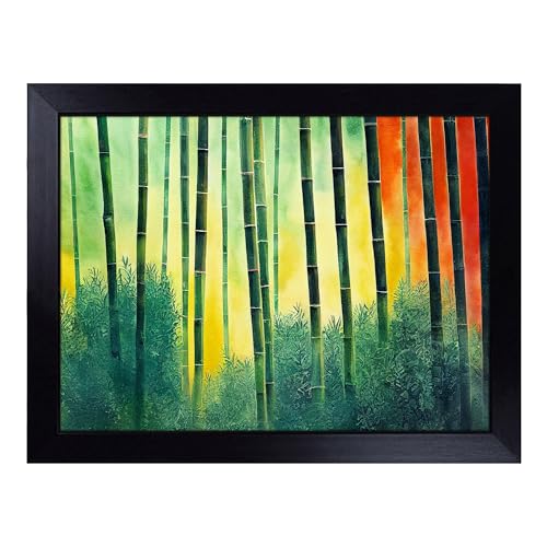 Lap Tray with Bean Bag Cushion, Bamboo Forest Watercolour - Handmade in the UK, Raised Wooden Edge, Padded Cushion, Heat-Resistant Wipe-Clean Surface, for Meals, Laptops and Crafts