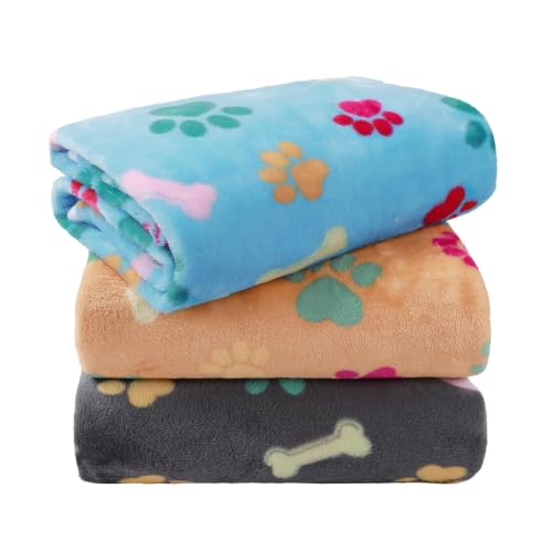 LINENLUX 1 Pack 3 Blankets Super Soft Fluffy Premium Fleece Dog Blankets for Puppy Cat Pet Blanket Flannel Throw Warm Sleep Bones and Claws 23x16 inches