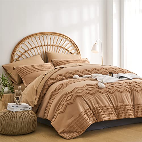 KAKIJUMN Khaki Tufted Comforter Set Full Size 7 Piece Bed in a Bag, Shabby Chic Boho Comforter and Sheet Set, Pom Pom Textured Bed Set, All Season Soft Microfiber Complete Bedding Set(Khaki,Full)
