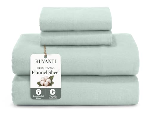 "RUVANTI Flannel Sheets Full Size - 100% Cotton Brushed Flannel Bed Sheet Sets - Deep Pockets 16 Inches (fits up to 18"") - All Seasons Breathable & Super Soft - Warm & Cozy - 4 Pcs - Green"