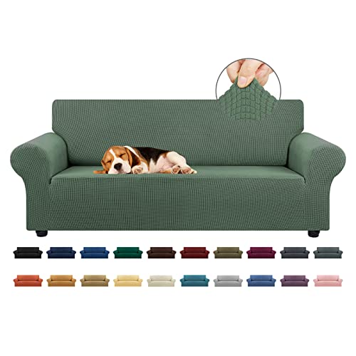 "KEKUOU Stretch Sofa Cover Slipcover ???Couch Covers for 3 Cushion Couch Sofa (79""-94"") Furniture Protector 3 Seater Sofa with Elastic Bottom for Kids,Dog, Jacquard Small Checked(Large,Greyish Green)"