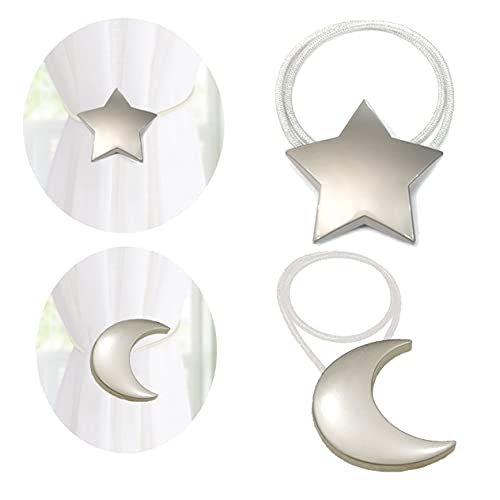 Magnetic Curtain Tiebacks 1 Pair Curtain Clips Rope Holdbacks Moon and Star Shape Window Curtain Tie Backs Silver for Home Office Art Decorative Drapes