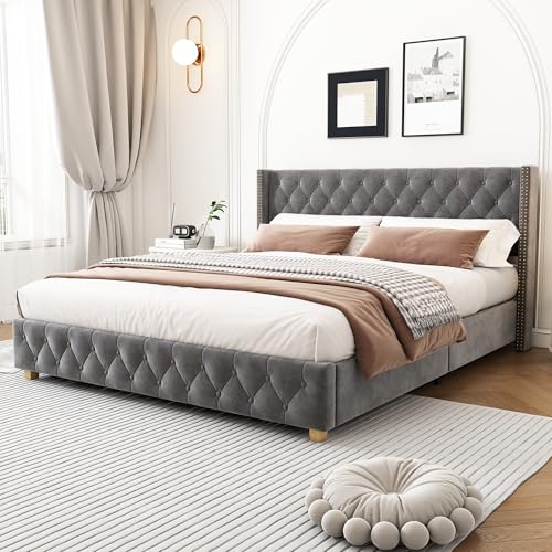 Ball & Cast Upholstered 5FT King Size Bed Frame, Elegant Bed with Reinforced Slatted Base, Classic Button-Tufted Headboard, Stylish Velvet Upholstery Detailing, Wooden Legs, 150x200cm, Grey