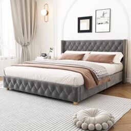 Ball & Cast Upholstered 5FT King Size Bed Frame, Elegant Bed with Reinforced Slatted Base, Classic Button-Tufted Headboard, Stylish Rivet Upholstery Detailing, Wooden Legs, 150x200cm,Velvet, Grey