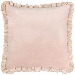 furn. Wylder Solene Ruffle Feather Filled Cushion – Soft Pastel Velvet Striped Trim Decorative Pillow (Pink – 45x45cm)